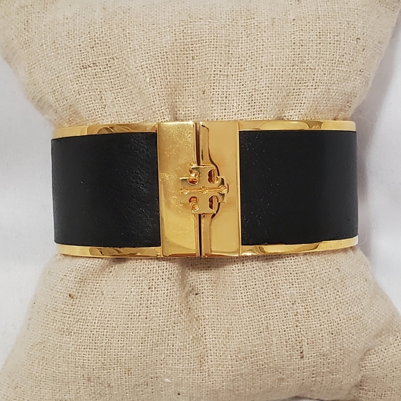Tory Burch Jewelry Tory Burch Black Leather Inlay Cuff Bracelet